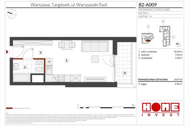 Rzut - Mieszkanie na sprzedaż 1 pokój o powierzchni 29,97 m² - numer B2-A009 w Warszawski Świt etap IX