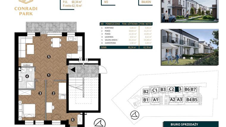 Rzut - Mieszkanie na sprzedaż 3 pokoje o powierzchni 62,1 m² - numer C3.M3 w Conradi Park etap II i III