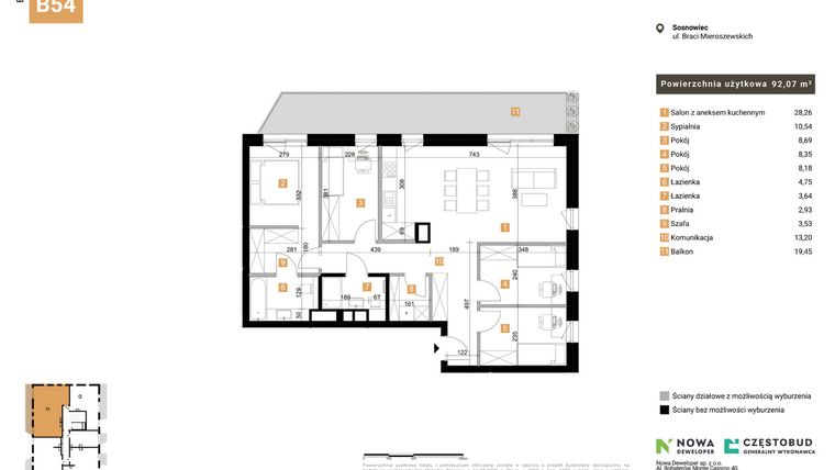 Rzut - Mieszkanie na sprzedaż 5 pokoi o powierzchni 92,07 m² - numer 54 w Nowy Sosnowiec