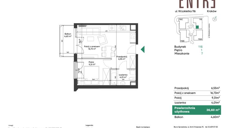 Rzut - Mieszkanie na sprzedaż 2 pokoje o powierzchni 36,6 m² - numer 116-M07 w Entre
