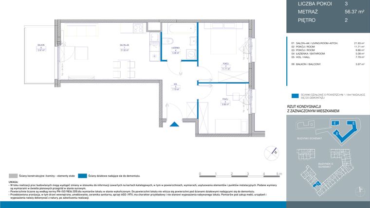 Rzut - Mieszkanie na sprzedaż 3 pokoje o powierzchni 56,37 m² - numer EE0204 w Spokojny Mokotów
