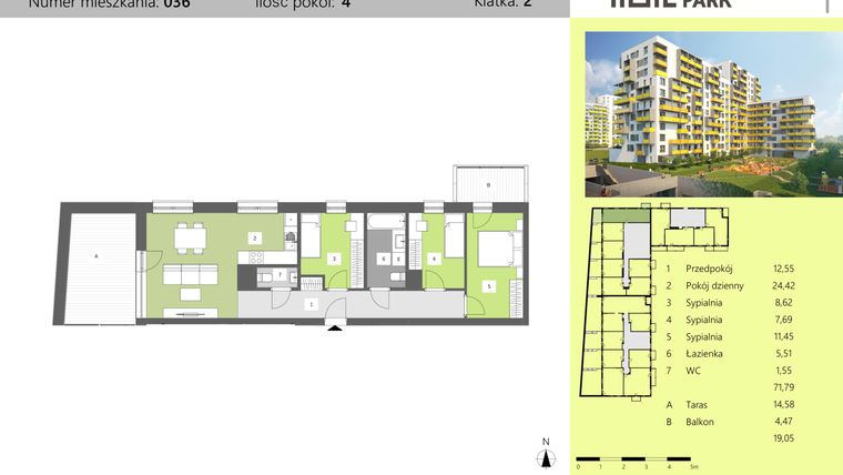 Rzut - Mieszkanie na sprzedaż 4 pokoje o powierzchni 71,79 m² - numer 36 w Dworzysko Park - Etap II