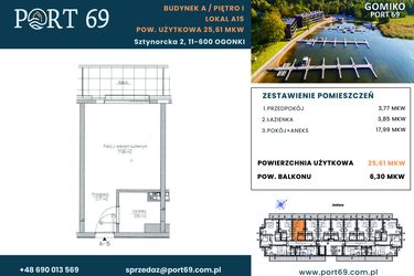 Rzut - Mieszkanie na sprzedaż 1 pokój o powierzchni 25,61 m² - numer A-15 w Port 69
