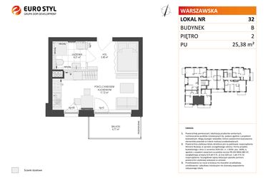 Rzut - Mieszkanie na sprzedaż 1 pokój o powierzchni 25,38 m² - numer B.32 w Osiedle Warszawska etap III