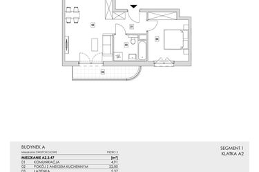 Rzut - Mieszkanie na sprzedaż 2 pokoje o powierzchni 44,94 m² - numer A2.3.47 w Zakole Wisły