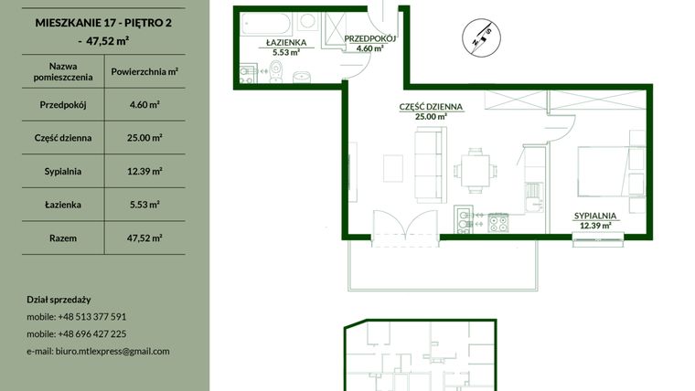 Rzut - Mieszkanie na sprzedaż 2 pokoje o powierzchni 47,52 m² - numer 17 w Bukowa etap II