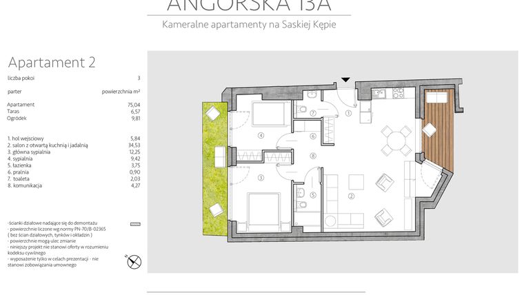 Rzut - Mieszkanie na sprzedaż 3 pokoje o powierzchni 75,04 m² - numer 2 w Angorska 13A
