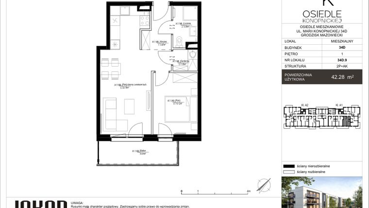 Rzut - Mieszkanie na sprzedaż 2 pokoje o powierzchni 42,28 m² - numer 34D.9 w Osiedle Konopnickiej