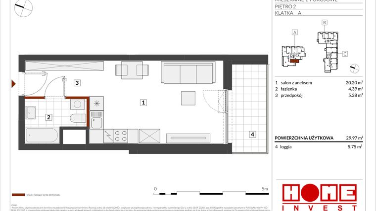 Rzut - Mieszkanie na sprzedaż 1 pokój o powierzchni 29,97 m² - numer B2-A016 w Warszawski Świt etap IX