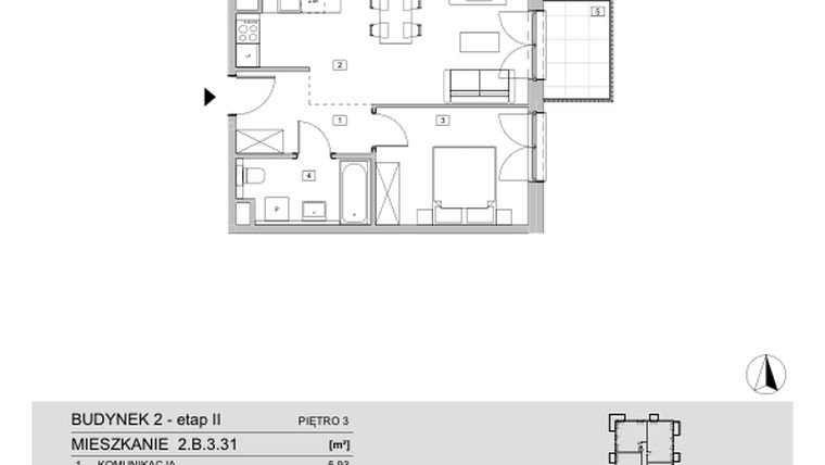 Rzut - Mieszkanie na sprzedaż 2 pokoje o powierzchni 42,91 m² - numer 2.B.3.31 w ATAL Apollina II