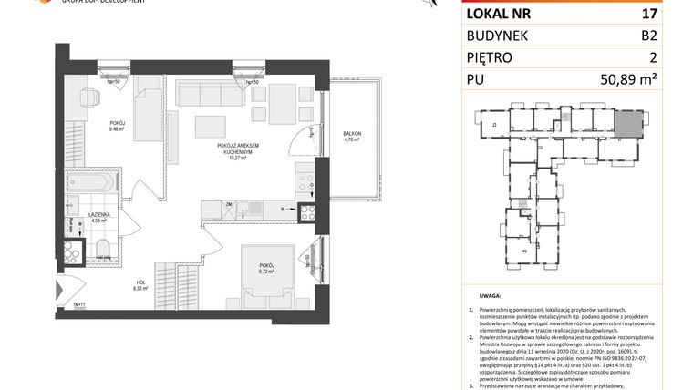 Rzut - Mieszkanie na sprzedaż 3 pokoje o powierzchni 50,89 m² - numer 17 w Locus 2 bud. B2