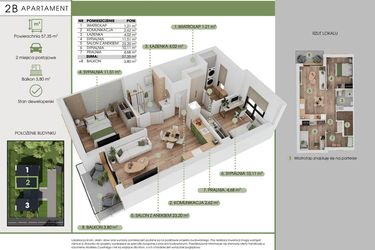 Rzut - Mieszkanie na sprzedaż 3 pokoje o powierzchni 57,35 m² - numer 2B w Green House Tuwima
