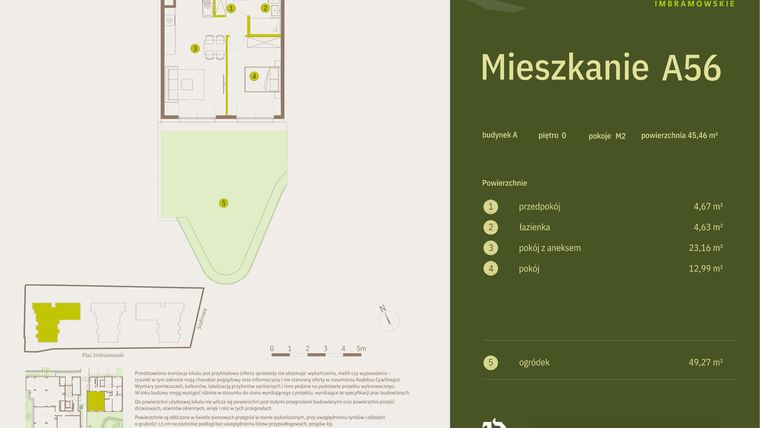 Rzut - Mieszkanie na sprzedaż 2 pokoje o powierzchni 45,46 m² - numer A56 w Osiedle Imbramowskie