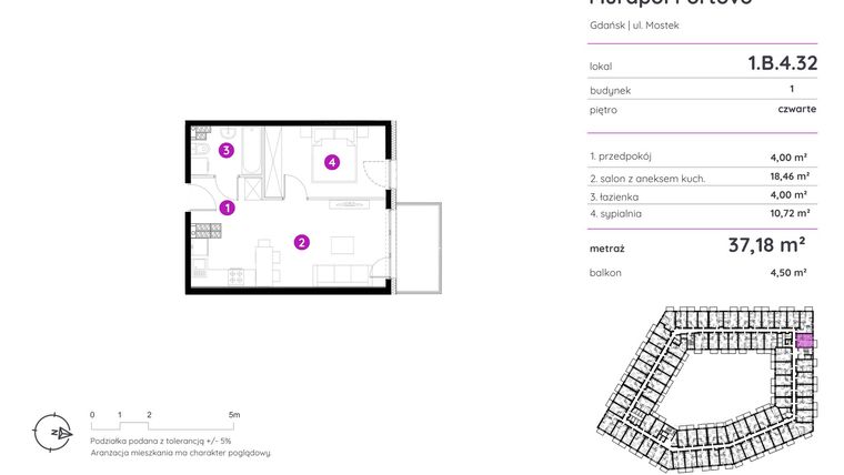Rzut - Mieszkanie na sprzedaż 2 pokoje o powierzchni 36,93 m² - numer 1.B.4.32 w Murapol Portovo etap II