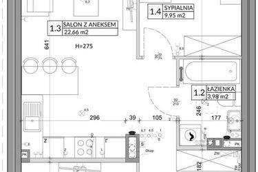 Rzut - Mieszkanie na sprzedaż 3 pokoje o powierzchni 56,89 m² - numer 53B w Osiedle Młodych etap VIII