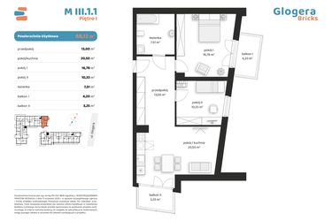 Rzut - Mieszkanie na sprzedaż 3 pokoje o powierzchni 68,12 m² - numer M III.1.1 w Glogera Bricks