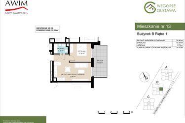 Rzut - Mieszkanie na sprzedaż 2 pokoje o powierzchni 35,05 m² - numer B13 w Wzgórze Gustawa