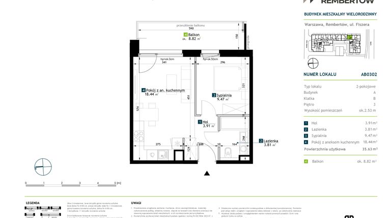 Rzut - Mieszkanie na sprzedaż 2 pokoje o powierzchni 35,63 m² - numer AB0302 w Stacja Rembertów