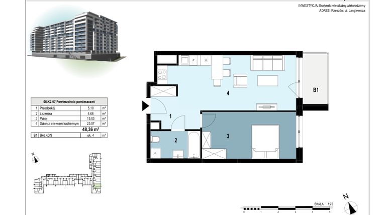 Rzut - Mieszkanie na sprzedaż 2 pokoje o powierzchni 48,31 m² - numer 08.K2.07 w Langiewicza 37