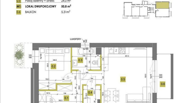 Rzut - Mieszkanie na sprzedaż 2 pokoje o powierzchni 50,8 m² - numer M1 w Mazowiecka 69