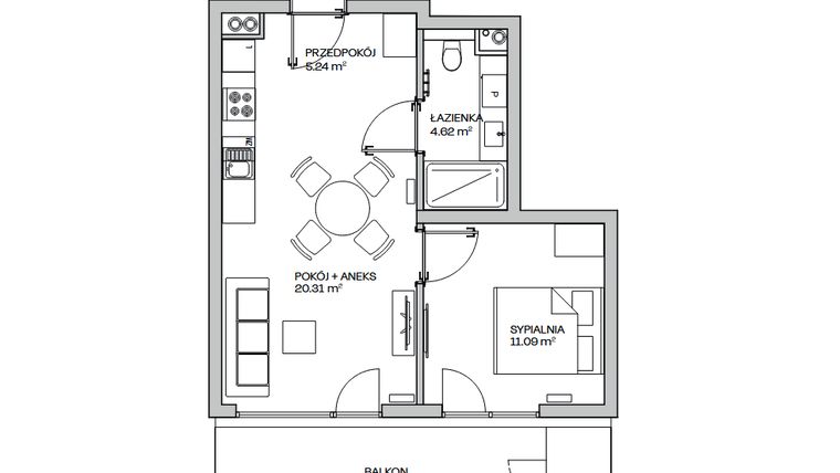 Rzut - Mieszkanie na sprzedaż 2 pokoje o powierzchni 41,26 m² - numer M21 w Zielona Marina - Apartamenty inwestycyjne