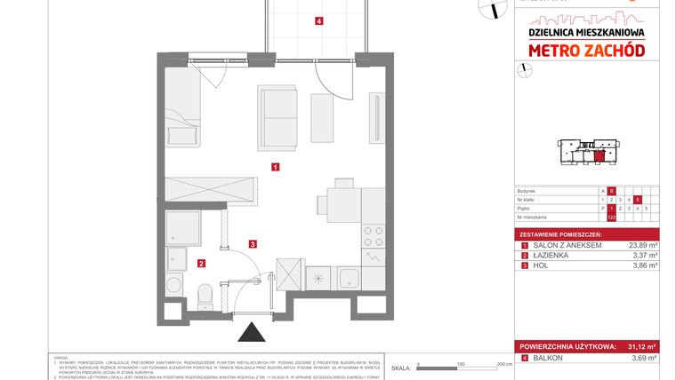 Rzut - Mieszkanie na sprzedaż 1 pokój o powierzchni 31,12 m² - numer 13.1.B.122 w Dzielnica Mieszkaniowa Metro Zachód - etap 13