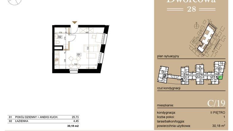 Rzut - Mieszkanie na sprzedaż 1 pokój o powierzchni 30,39 m² - numer C19 w Dworcowa 28