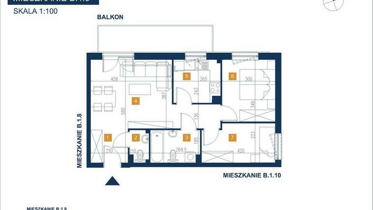 Rzut - Mieszkanie na sprzedaż 3 pokoje o powierzchni 56,75 m² - numer B.1.9 w EcoVista