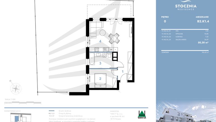 Rzut - Mieszkanie na sprzedaż 2 pokoje o powierzchni 50,3 m² - numer B2.K1.4 w Stocznia Residence