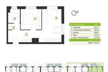 Rzut - Mieszkanie na sprzedaż 2 pokoje o powierzchni 43,92 m² - numer 1K4 M5 w Osiedle Krzeptów przy lesie