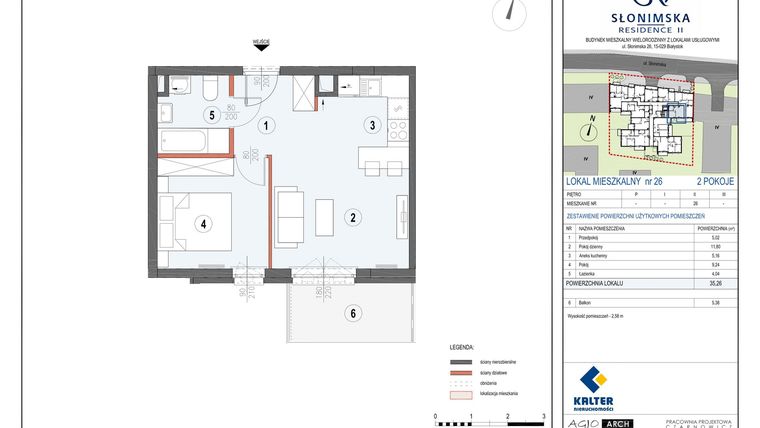 Rzut - Mieszkanie na sprzedaż 2 pokoje o powierzchni 35,26 m² - numer M26 w Słonimska Residence II