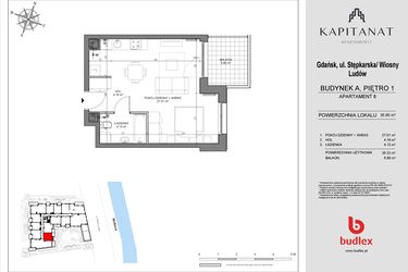 Rzut - Mieszkanie na sprzedaż 1 pokój o powierzchni 35,33 m² - numer A6 w Kapitanat A