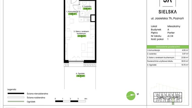 Rzut - Mieszkanie na sprzedaż 1 pokój o powierzchni 30,51 m² - numer A.1.14 w JA_SIELSKA V