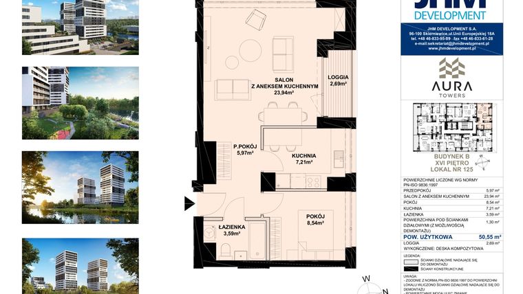 Rzut - Mieszkanie na sprzedaż 2 pokoje o powierzchni 50,98 m² - numer B.16.125 w Aura Towers