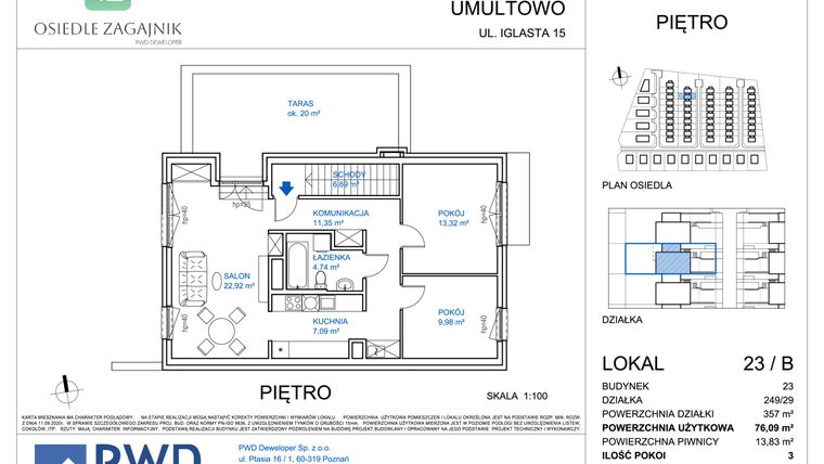Rzut - Mieszkanie na sprzedaż 3 pokoje o powierzchni 76,09 m² - numer 23/B w Osiedle Zagajnik etap II - mieszkania