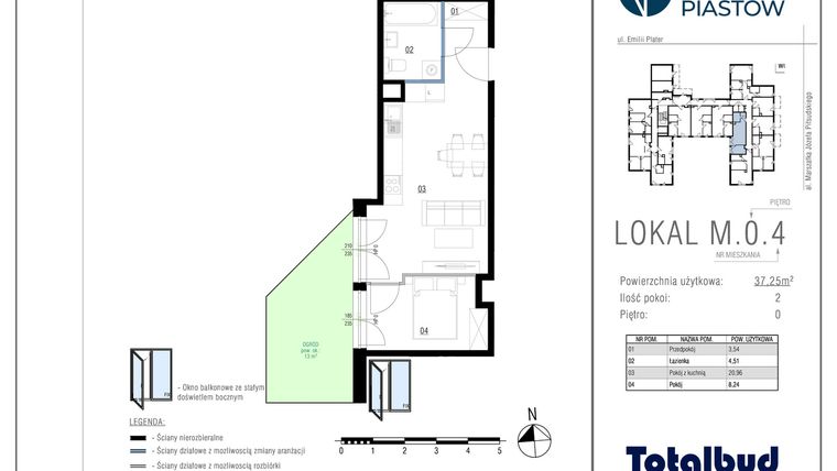 Rzut - Mieszkanie na sprzedaż 2 pokoje o powierzchni 37,25 m² - numer M.0.4 w Viva Piastów