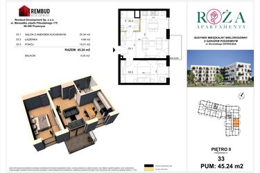 Rzut - Mieszkanie na sprzedaż 2 pokoje o powierzchni 45,24 m² - numer M  33 w Apartamenty Róża