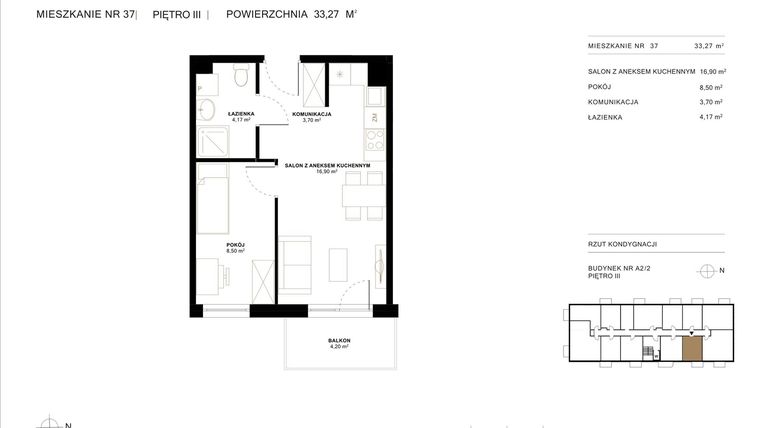 Rzut - Mieszkanie na sprzedaż 2 pokoje o powierzchni 33,27 m² - numer A2.2/37 w Altro A2/2