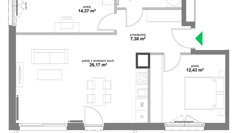Rzut - Mieszkanie na sprzedaż 3 pokoje o powierzchni 65,91 m² - numer B2-25 w Forma Otwarta etap II