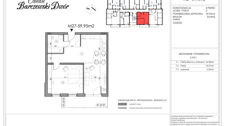 Rzut - Mieszkanie na sprzedaż 3 pokoje o powierzchni 59,95 m² - numer 27 w Osiedle Barczewski Dwór etap II