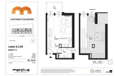 Rzut - Mieszkanie na sprzedaż 1 pokój o powierzchni 52,19 m² - numer A.3.39 w Morzlive