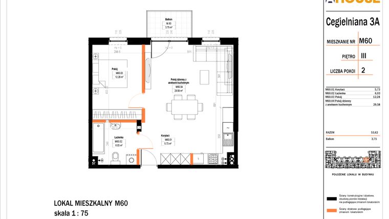 Rzut - Mieszkanie na sprzedaż 2 pokoje o powierzchni 53,95 m² - numer 60 w Osiedle StaLove etap II