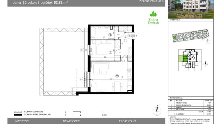 Rzut - Mieszkanie na sprzedaż 2 pokoje o powierzchni 47,73 m² - numer 1G.3.3 w Zielone Zamienie IX