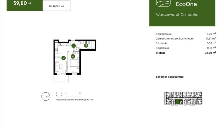 Rzut - Mieszkanie na sprzedaż 2 pokoje o powierzchni 39,8 m² - numer 2.A.3.01 w Murapol EcoOne