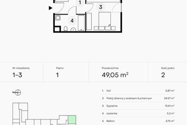 Rzut - Mieszkanie na sprzedaż 2 pokoje o powierzchni 49,05 m² - numer 1-3 w Pączka 1
