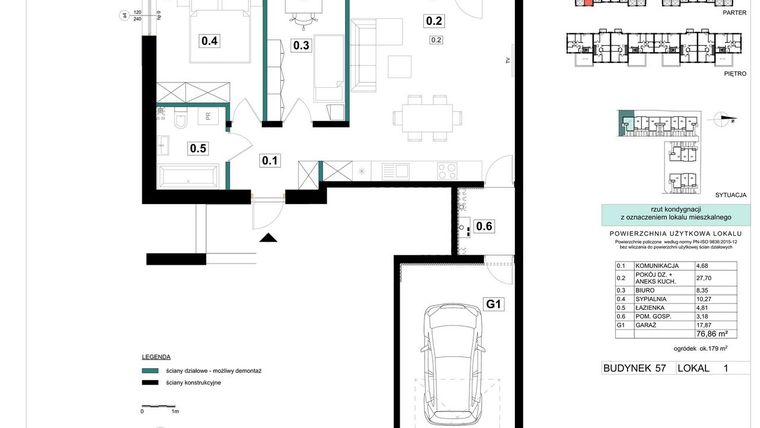 Rzut - Mieszkanie na sprzedaż 3 pokoje o powierzchni 76,86 m² - numer 57-1 w Błonie Bosco