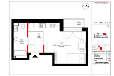 Rzut - Mieszkanie na sprzedaż 1 pokój o powierzchni 30,84 m² - numer 7 w Czynu Społecznego 65F