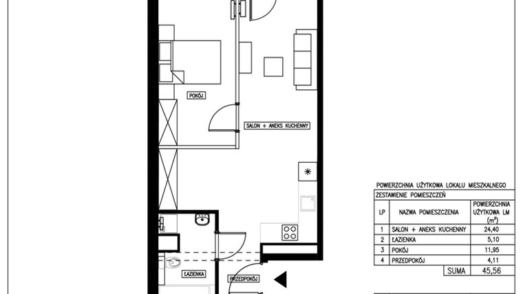 Rzut - Mieszkanie na sprzedaż 2 pokoje o powierzchni 45,56 m² - numer 22 w Nowa Kurkowa