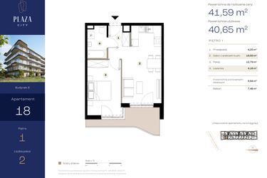 Rzut - Mieszkanie na sprzedaż 2 pokoje o powierzchni 41,59 m² - numer B6M18 w Plaza City