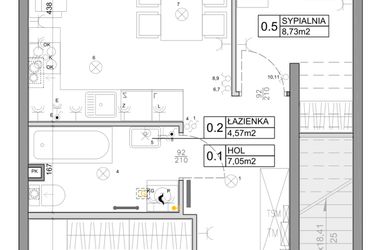 Rzut - Mieszkanie na sprzedaż 3 pokoje o powierzchni 48,03 m² - numer 65 w Manufaktura Marki 2 etap III